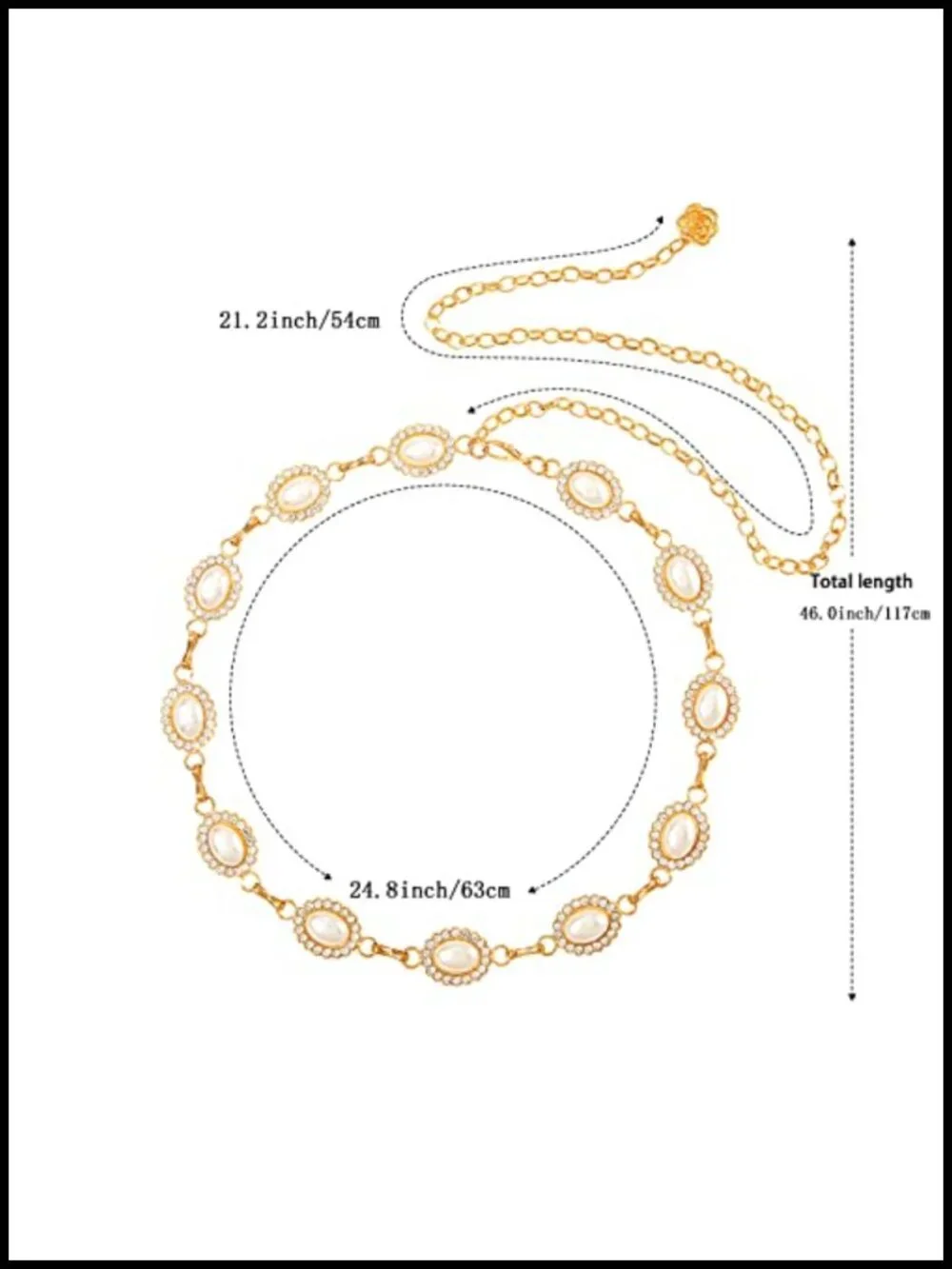Metal Waist Chain Belt with Pearls and Rhinestone Adjustable 46 Inch